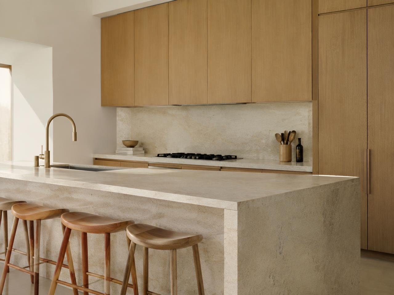 Warm stone and oak interior detail