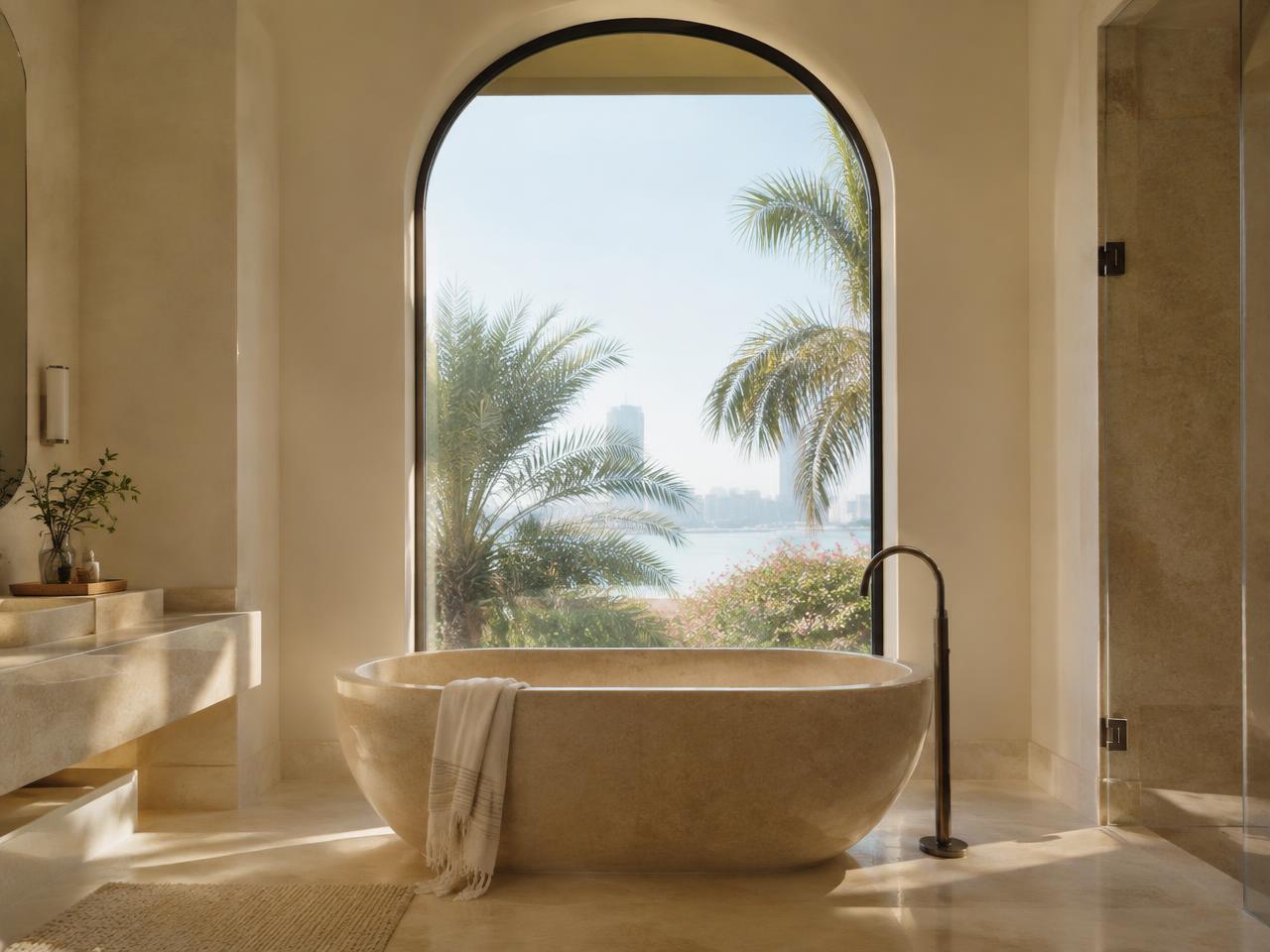 Palm Residence travertine bathroom with arched window